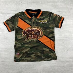 Krisp NYC Polo Shirt Mens Small Camouflage Camo Sportsman Outdoor Bear Patch